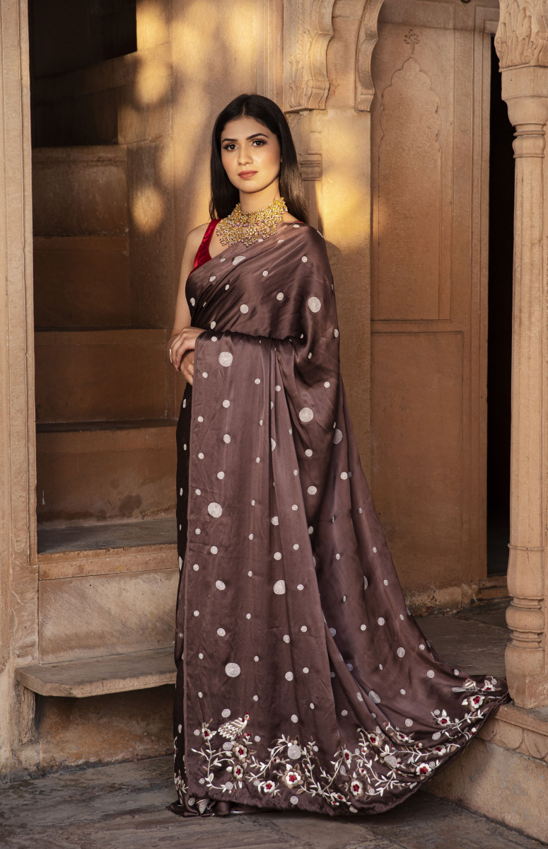 Brown satin Chikan- Gara saree