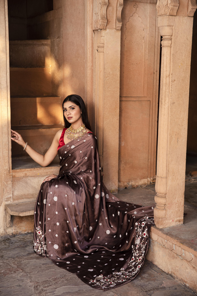 Brown satin Chikan- Gara saree