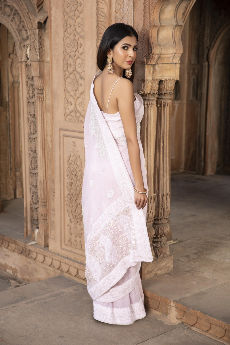 Baby pink chikan with tilla saree