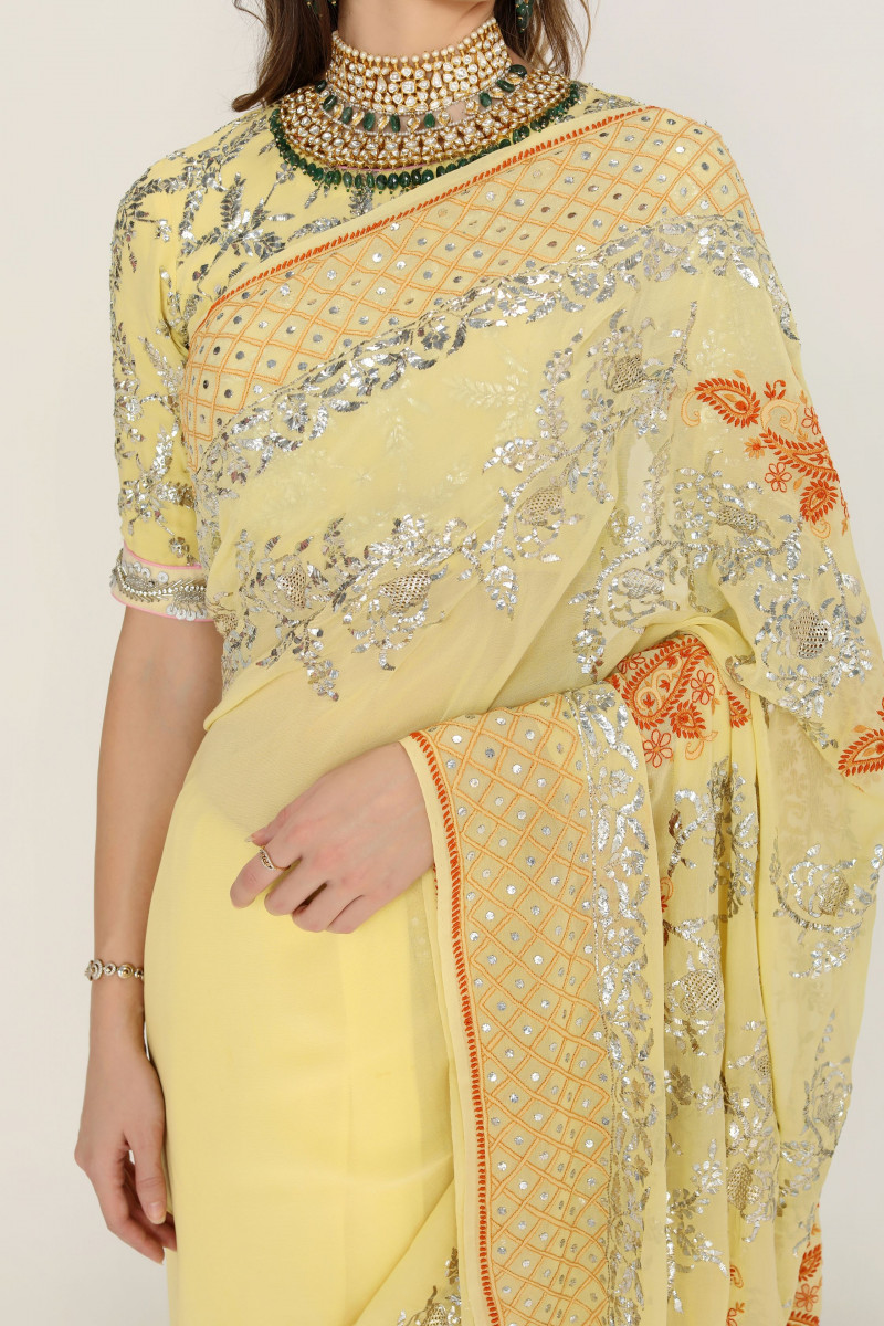 Yellow chikan- mukaish saree