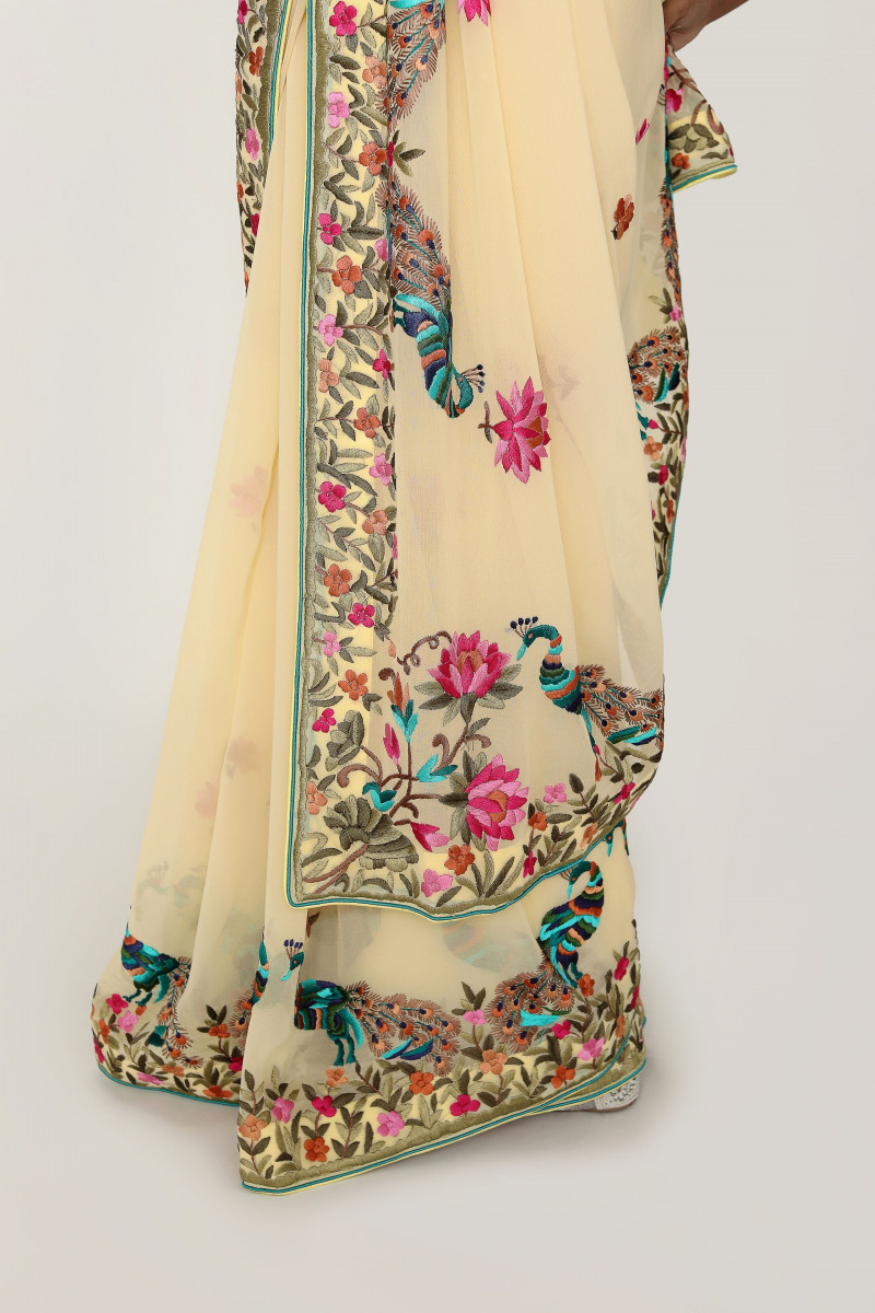 Soft yellow parsi gara saree