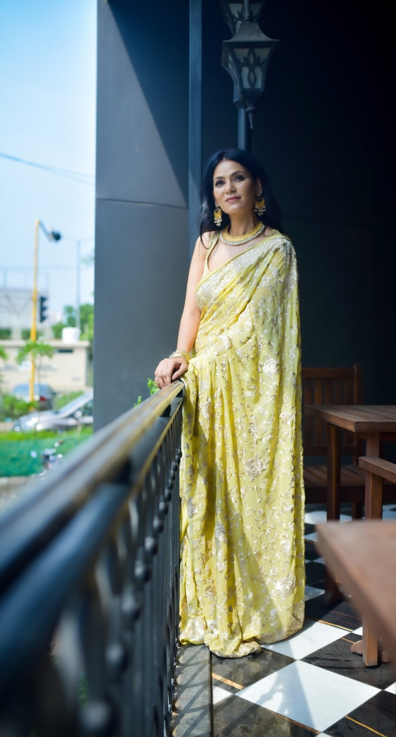 Pastel yellow parsi gara saree