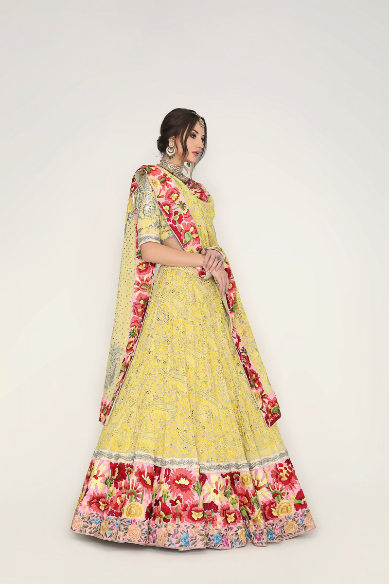 Yellow chikan mukaish Lehenga