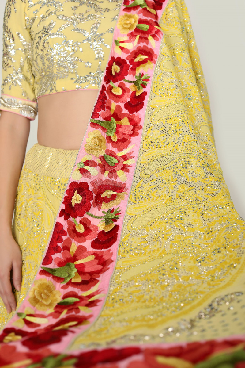 Yellow chikan mukaish Lehenga