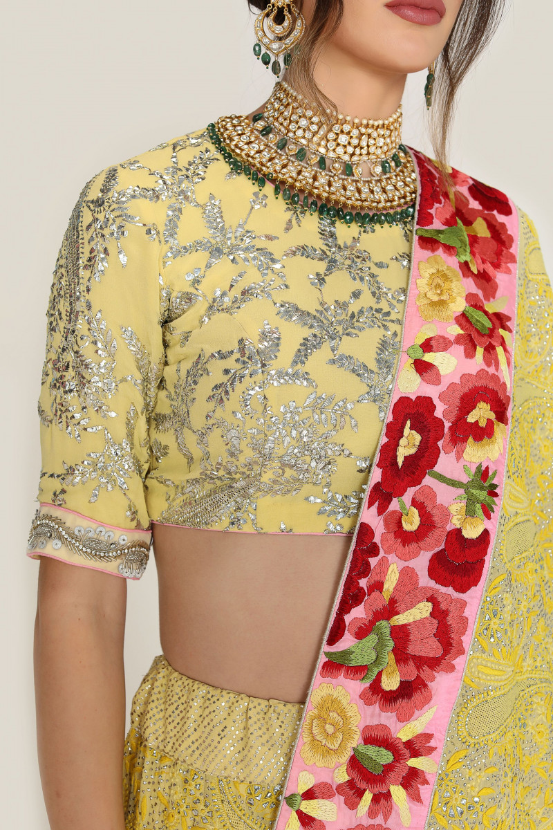 Yellow chikan mukaish Lehenga