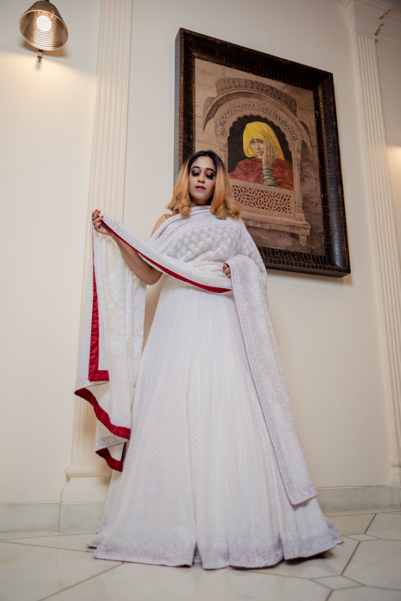 White heavy chikan lehenga