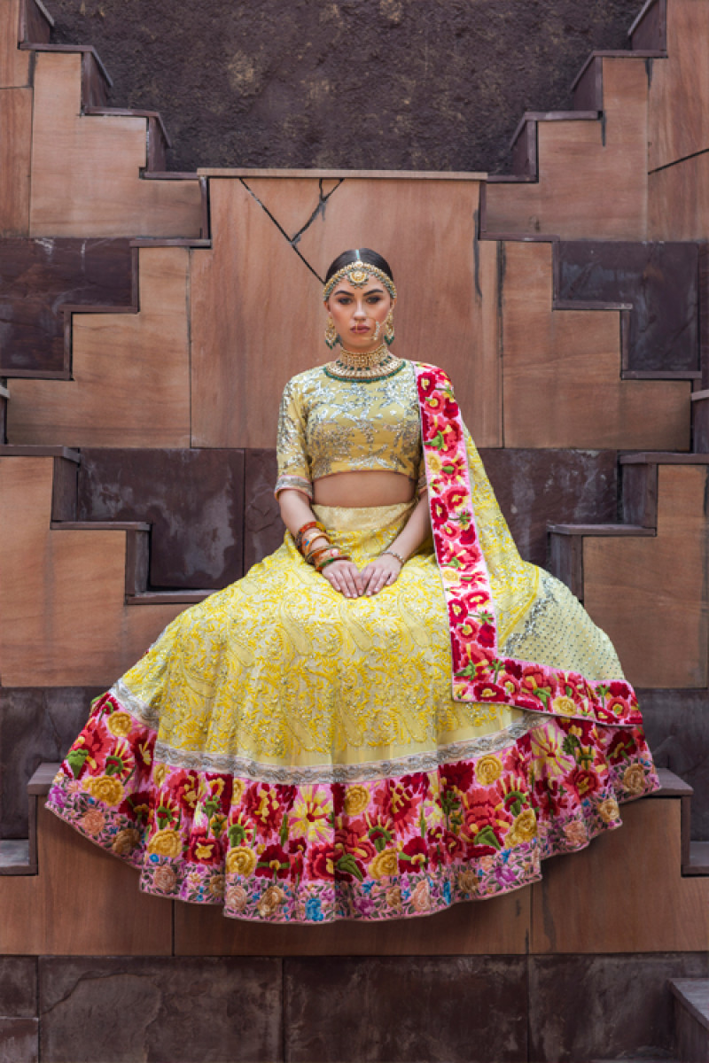 Yellow chikan mukaish Lehenga