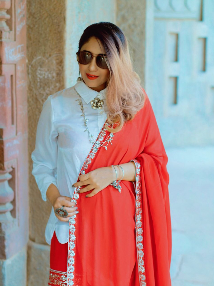 Red Mukaish gharara set