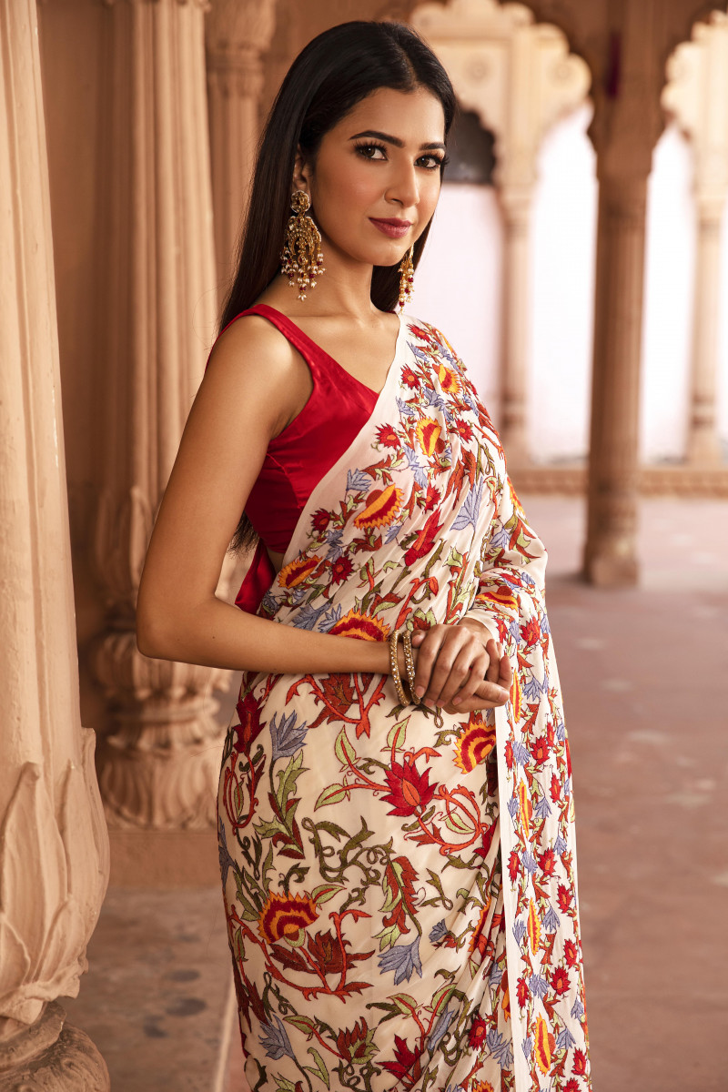 Off-white multi chinar jaal saree
