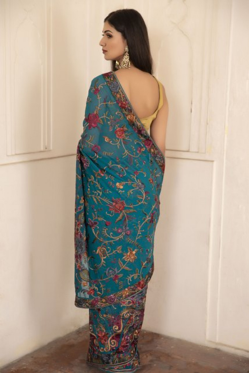 Teal blue Gara saree