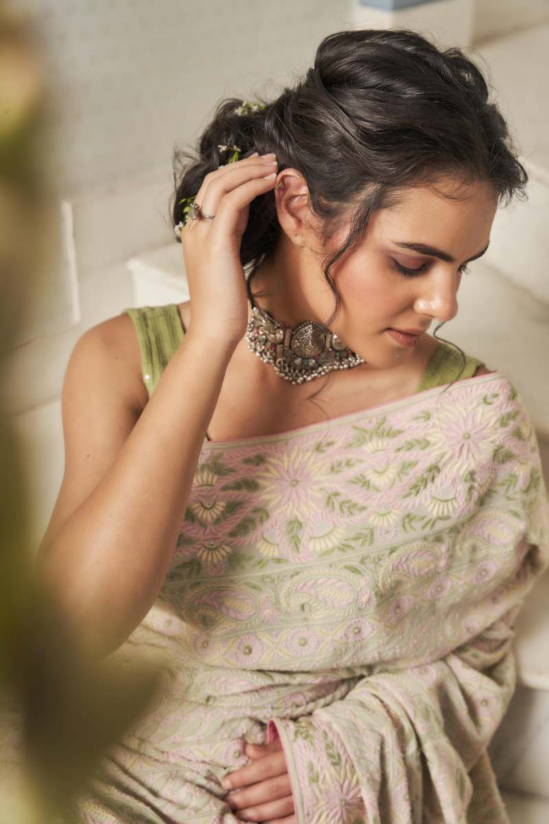 White multi embroidered chikankari saree